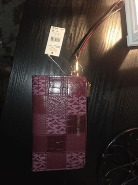 Michael Kors Wine Patchwork Wristlet with Gold Hardware 4x7